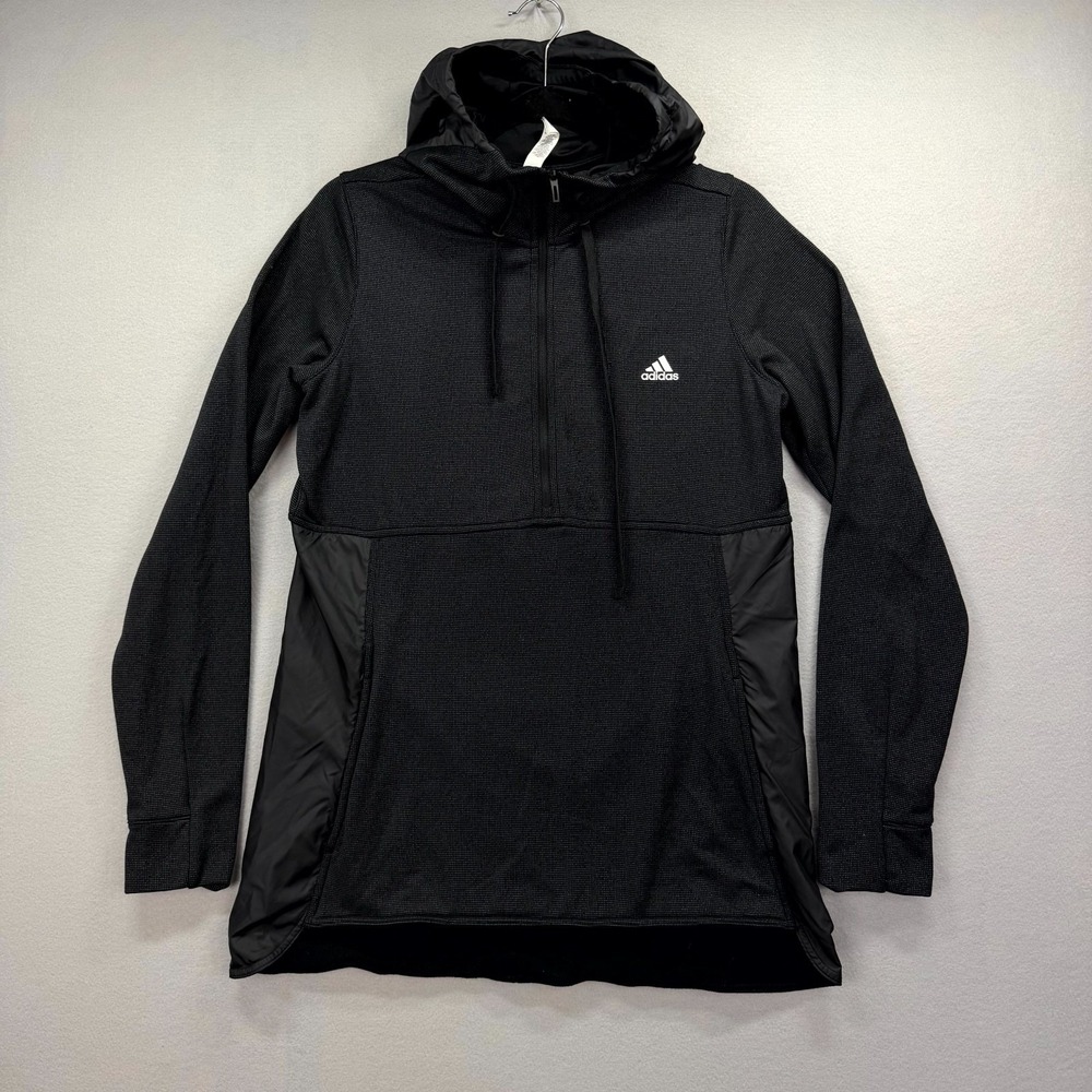 Adidas Half Zip Hoodie Womens Large Black Climawarm‎ Thumb Holes Logo Drawstring